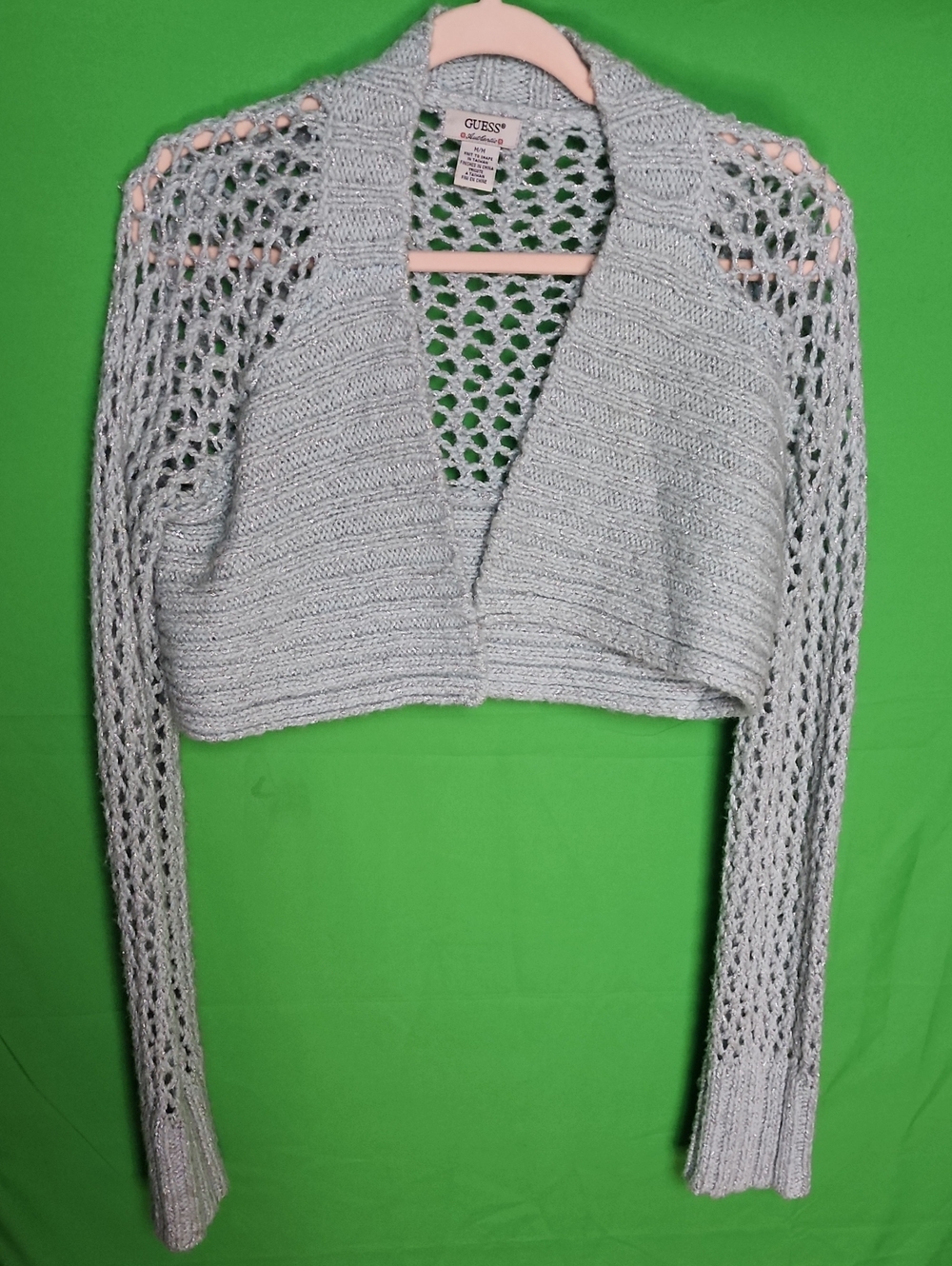 Vintage GUESS Metallic Silver Shimmer Open Weave Knit Bolero Cardigan M